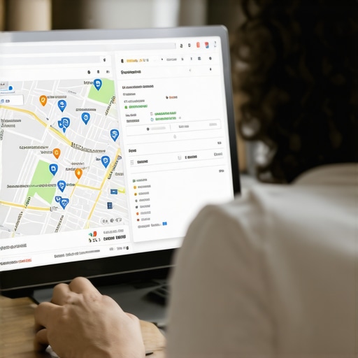 Person reviewing local SEO metrics on a laptop with maps and charts
