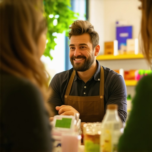 Business owner interacting with customers in a local store