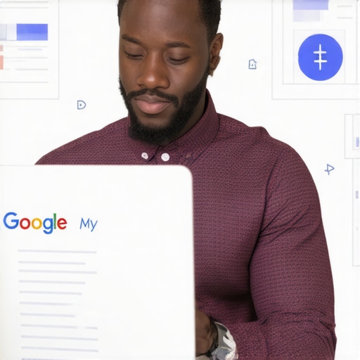 Business owner optimizing Google My Business profile on a laptop with local SEO icons.
