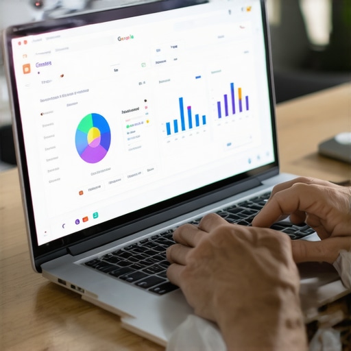 Person analyzing local SEO data on a laptop with charts and Google My Business interface.