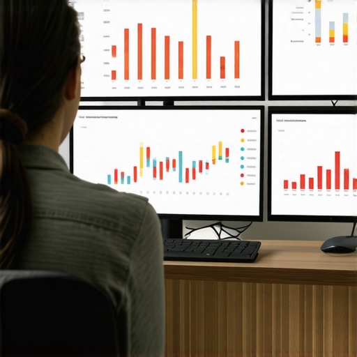 Individual analyzing local SEO metrics on several screens showing graphs and reviews.