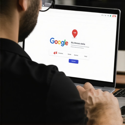 Business owner updating Google My Business profile on a laptop with local SEO icons.