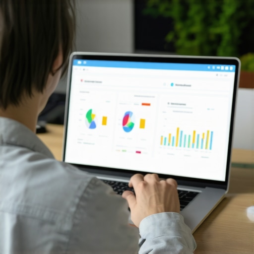 A professional analyzing local SEO dashboards on a laptop for GMB optimization.