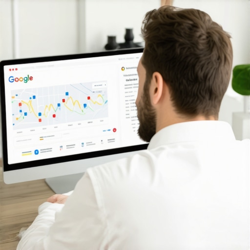 Person reviewing Google Maps ranking analytics on a monitor.