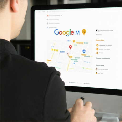 Business owner editing Google My Business profile on a laptop with visual SEO icons