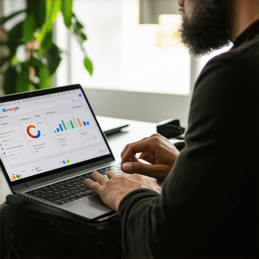 Digital marketer optimizing Google My Business profile on a laptop.