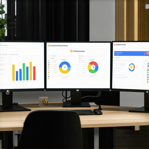 A workspace with screens showcasing SEO dashboards and GMB analytics.