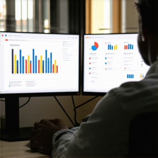 A person analyzing local SEO data on computer screens to maintain Google My Business rankings.