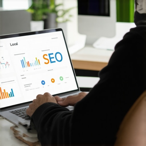 Person analyzing local SEO metrics on a laptop in an office environment.