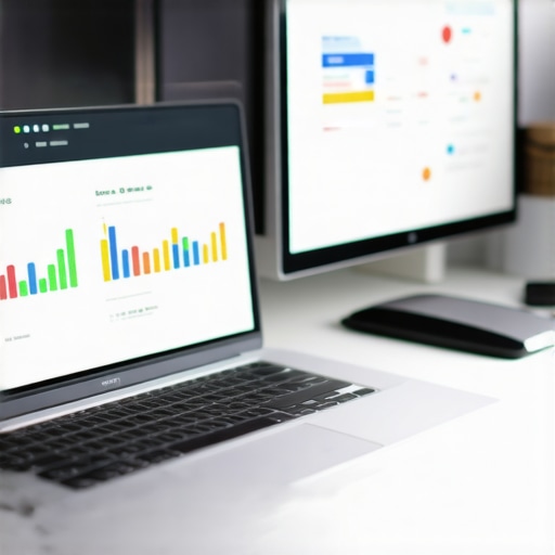 Digital marketing workspace for local SEO A workspace setup with computer displaying local SEO and GMB management tools.