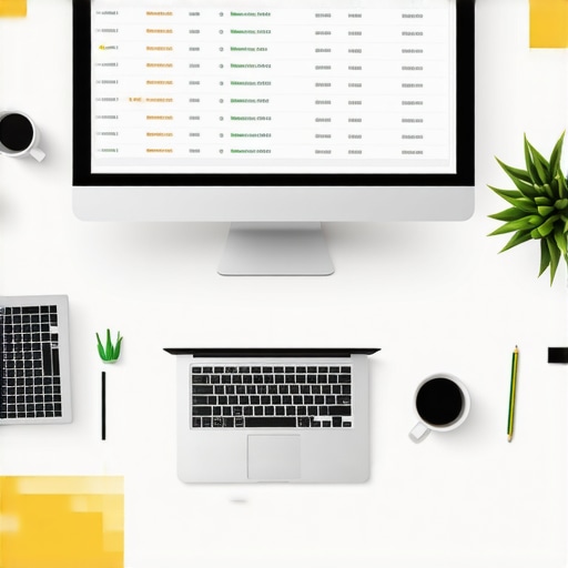 Workspace with laptops and SEO tools used for GMB profile management.