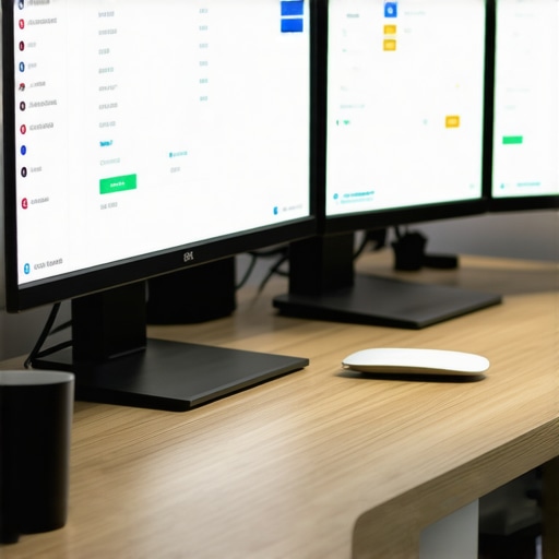 Effective GMB Management Workspace Workspace with multiple monitors displaying local SEO tools for GMB