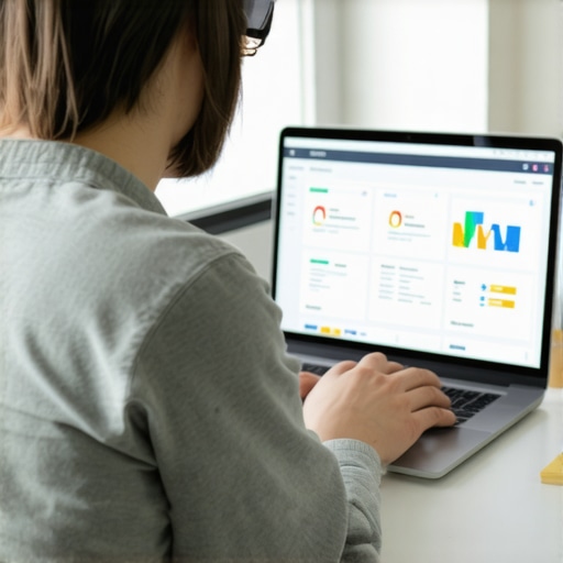 A person optimizing a Google My Business profile on a laptop with charts and icons