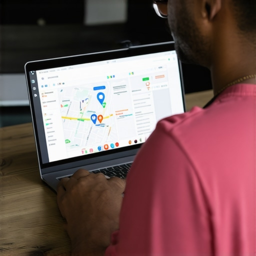 Optimizing GMB Profile Business owner enhancing Google My Business profile on laptop for better local rankings.