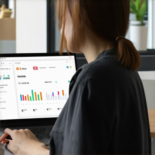 A professional monitoring Google My Business performance using various SEO software on a laptop