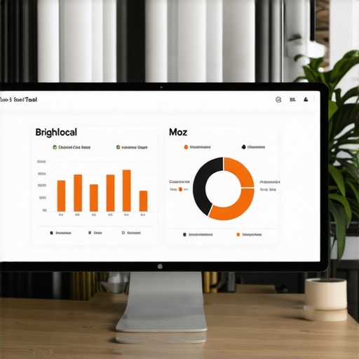 A computer monitor displaying local SEO dashboards and analytics tools.